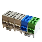 Hargnemisklemm Al/Cu HLAK 25-5/10 S, 5x (2x 25/16mm²/ 2x 16/10mm²), 130/100A 1000VAC/DC, 2.5/2Nm, TS35, Pollmann, 3x hall, sinine, roheline
