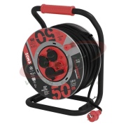 Pikendusjuhe trumlil 50m P19223, pistikupesa 4x 2P+E Schuko 16A 230VAC (maks 1000W/3680W), neopreen kaabel H07RN-F 3x 1,5mm2, töötemp -25°C..+60°C, IP44, must-punane, Emos