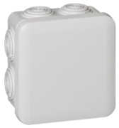 Plastic Box Plexo, 80Wx80Hx45D, 7glands ø4..20mm cable/tube, -25..40°C, PS, temp. resistance 650°C, IP55 IK07, grey