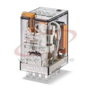 Relay 55.34, 4CO (4PDT) 7A 250VAC, cv 125VDC, lockable test button, flag indicator, PCB mount, TS35 sockets (94.P4/04/54/84.2/94.3/74), Finder