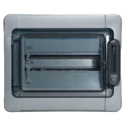 SM Distribution Box Plexo³, 12M, 63A 400VAC, PEN 13^13, 282x340x141mm, reinforced polystyrene ^PC, -25..40°C, incl. 10 cable glands, UV-stable, HF, cl. II, IP65 IK09, transparent^grey